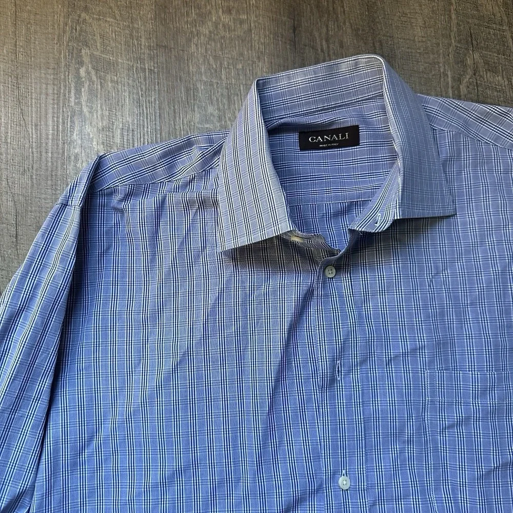 Canali Shirt Mens 43 17 Blue Plaid Dress Long Sleeve Button Front Italy‎ Cotton